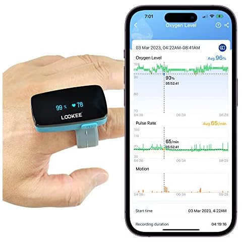 LOOKEE O2-Tracker Ring Continuous Pulse Oximeter - Wearable Oxygen Monitor with Vibration Reminder for Low O2 - Rechargeable Blood Oxygen Saturation SpO2 Meter - Free APP with Reports Cover