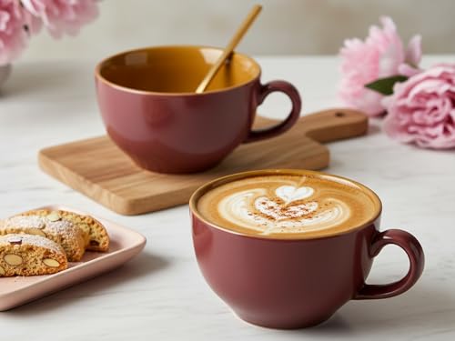 Image of Bodhi House Ceramic Coffee Wide Large Mug with Handle - Set of 2, 350Ml Glossy Finish | Bone Ash Free & Microwave Safe | for Cappuccino, Latte, Green Tea - Burgundy