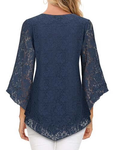 Viracy Womens Dressy Blouse V Neck Double Layers Elastic Mesh Casual Flowy Work Shirts Ruffle 3/4 Flared Sleeve Tunic Tops4