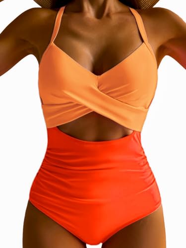 IFFEI Women One Piece Swimsuit Mommy and Me Tummy Control Bathing Suit Colorblock Cutout Tie Back High Waist Girls Swimwear3