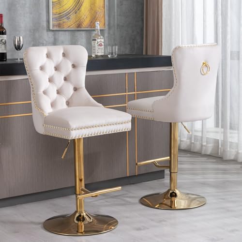 Butaco regulable en altura, set de 4 unidades, giratorio con respaldo acolchado y base metálica dorada, tapizado en tela de terciopelo para isla de cocina y bar (Beige, 4 piezas) miniatura 2