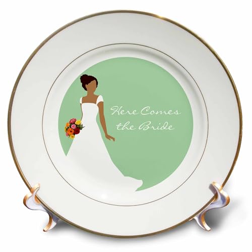 3dRose Here Comes the Bride - African American Bride Mint Green - Porcelain Plate, 8-inch