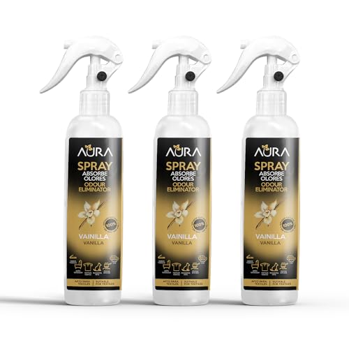 AURA| Pack 3 Aerosol Ambientador Spray Pulverizador Absorbe Malos Olores | Para Casa, Cocina, Baño, Coche | | Apto para Textiles |3x250ml | No Contiene Gas (PACK 3, Vainilla)