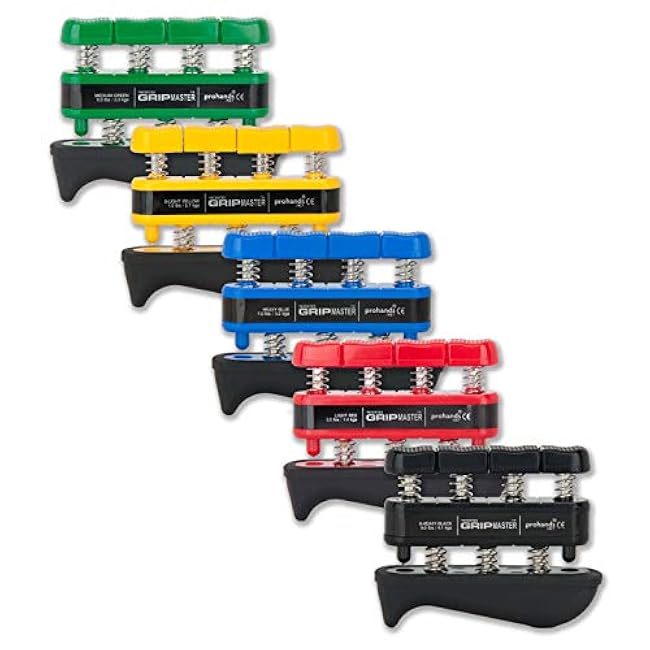 Gripmaster Rehab Hand Exerciser, Finger Exerciser (Hand Grip Strengthener), Spring-Loaded, Finger-Piston System, Added Palm Cushion, (Set of 5 in a Display) (Yellow, Red, Green, Blue, Black)