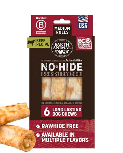 Earth Animal No Hide Medium Beef Flavored Natural Rawhide Free Dog Chews Long Lasting Chew Sticks | Treats for Large Dogs | Great for Aggressive Chewers - 6 Count