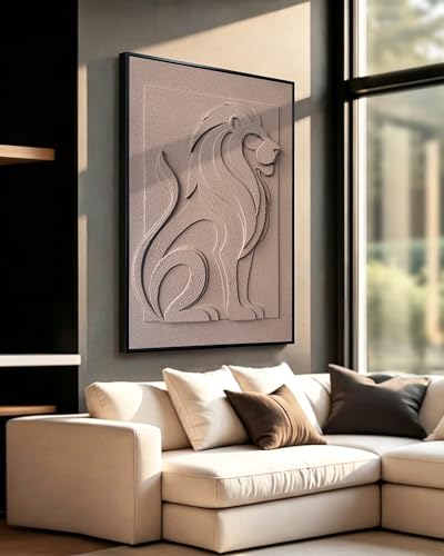 Art mural abstrait texturé 3D pour réchauffer un mur blanc avec un grand lion moderne marron