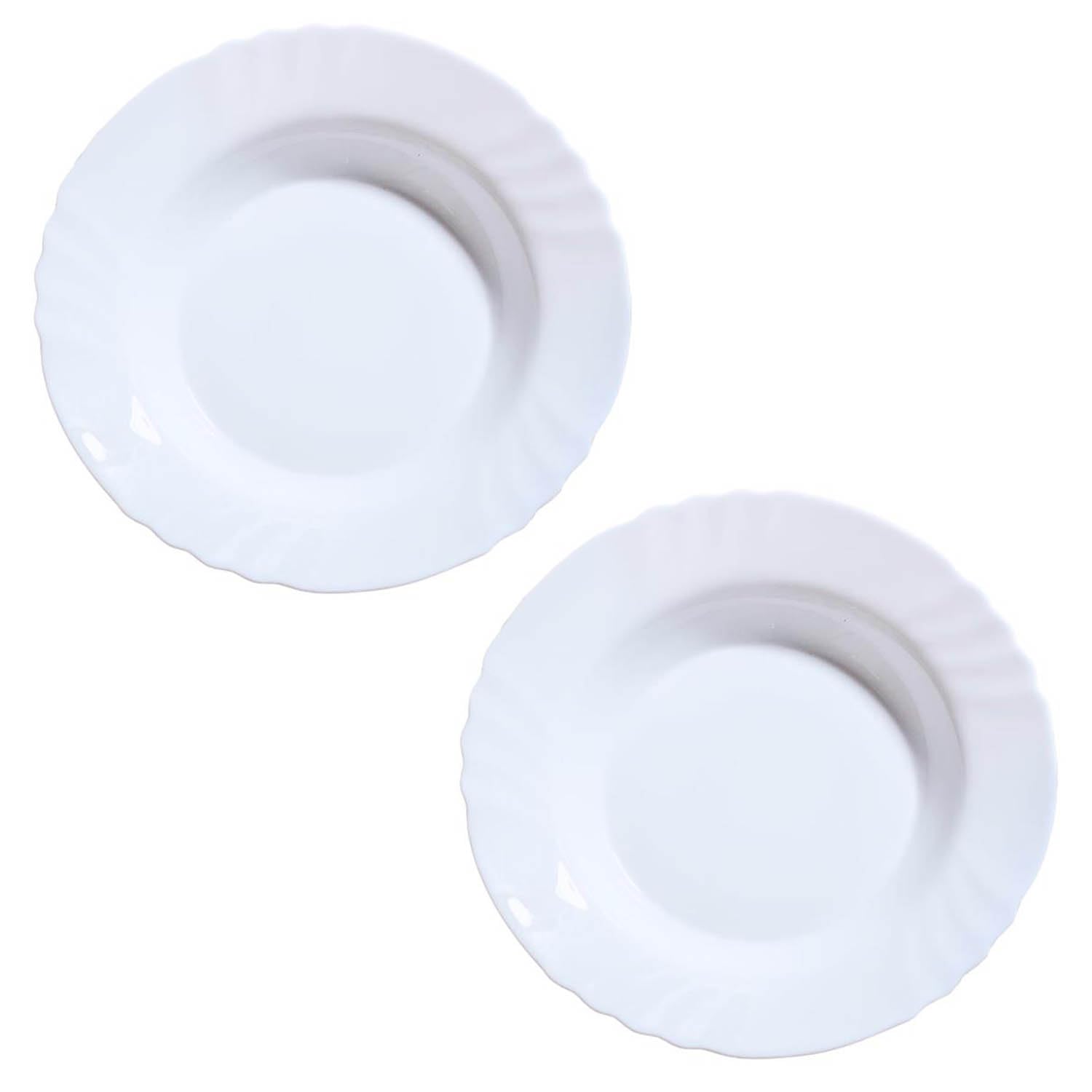 UNIQUE HOME LIVING Soup Plates Set of 2, 23.5cm (9") White Tempered Opal Glass Soup Plate Dinnerware Set, Stylish Deep Plate Set, Serving Plates Noodle Pasta Bowls, Dishwasher and Microwave Safe