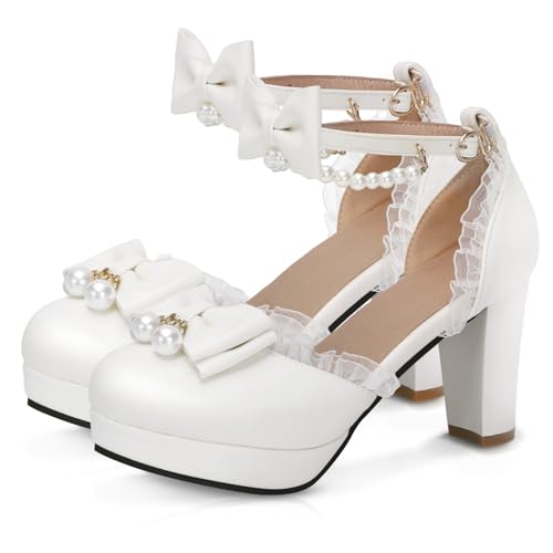 Women's Block High Heel Bow Tie Ruffles Pearl String Bead Lolita Pumps Goth Ankle Strap Sweet Princess Shoes2