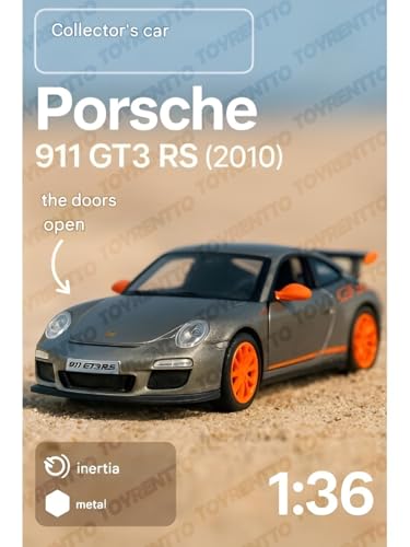 Image of 1:36 Porschee GT3 RS 2010 Alloy Sports Car Model - Diecast Metal Pull Back Toy with Openable Doors, Inertia Action, Collectible Car for Kids & Adults-Grey