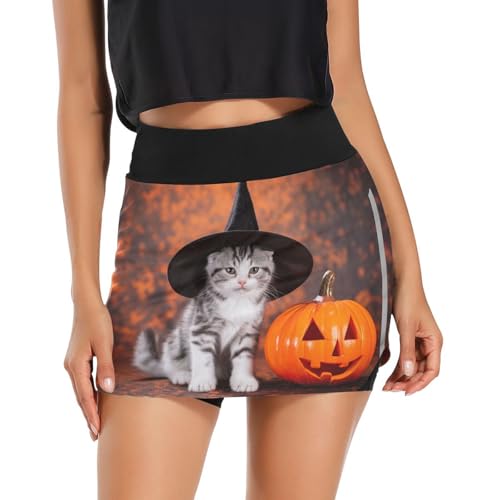 Minifalda atlética de calabaza y gato de Halloween, pantalones cortos deportivos para mujer, falda de moda para mujer, Halloween gato calabaza, XL