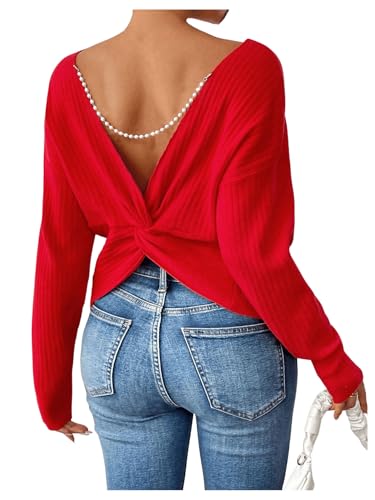 SweatyRocks Women's Twist Backless Sweater Pearls V Neck Long Sleeve Ribbed Knit Tops Pullovers Red Medium