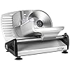 OSTBA Allessnijder, elektrische allessnijder met ECO-motor, roestvrij stalen mes, worstsnijmachine met instelbare snijdikte (0-15 mm), kaas, broodsnijmachine, 150 W, metallic zilver