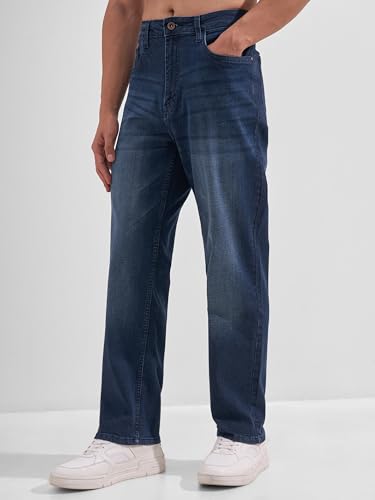 Image of Highlander Men Men's Premium Loose Straight Fit Mid-Rise Cotton Lycra Jeans - Button Closure, Machine Washable, Comfortable All-Day Wear for Casual & Semi-Formal Occasions