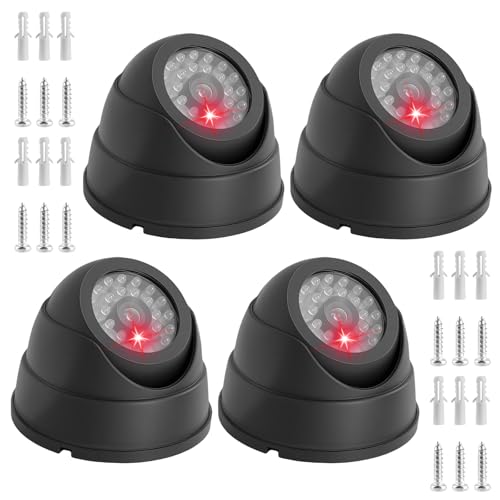 PORFOYO 4pcs Cámara simulada, cámaras domo ficticia, cámaras de vigilancia al aire libre con luz LED intermitente, para uso interior exterior negro
