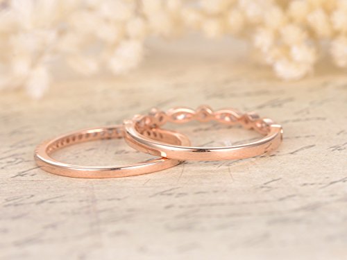 2pcs Half Eternity Diamond Wedding Ring,14K Rose gold,Anniversary,Art Deco,Stacking,Milgrain,Wedding Band4