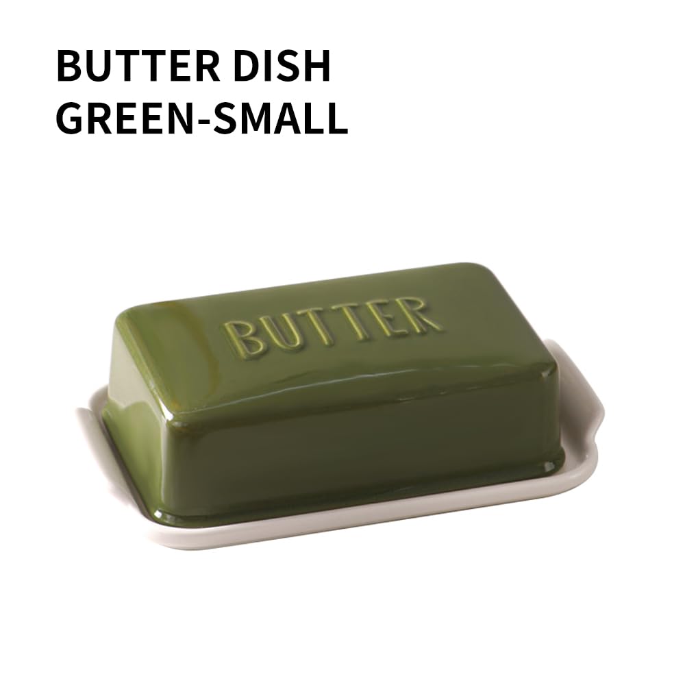 Porcelain Covered Butter Dish with Lid for Countertop Butter Holder Container for One Stick of Butter. Textured Tray Butter Keeper for Non Slip Storage-Green Small - Image 2