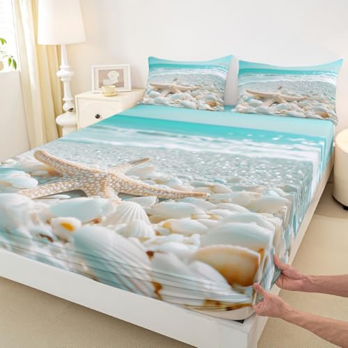 Image of jejeloiu Summer Beach Bed Sheets Set King Size Sea Bed Set for Kids Boys Girls Ocean Deep Pocket Fitted Sheet Starfish Breathable Soft Lightweight Microfiber