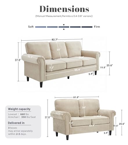 Image of Kingfun Loveseat 2 & 3 Seater Couch with Chair, Mid Century Modern Chenille Sofa Set with Rolled Arms and Deep Seats, Fluffy Comfort for Living Room, Apartment, Easy Assembly, Khaki