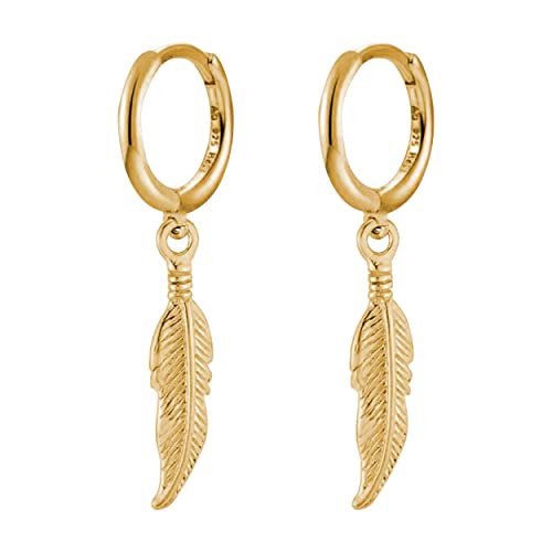 KaFu Surgical Stainless Steel Huggie Hinged Hoop Earrings Punk Hip Hop Cool Goth Black Silver Feather Drop Dangle Earrings for Men Women