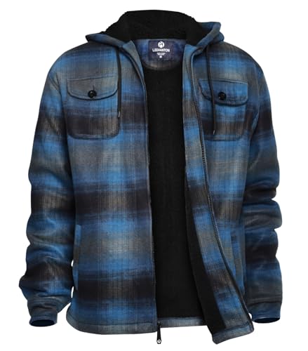 Image of LeeHanTon Mens Flannel Jackets Sherpa Lined Fleece Zip Up Winter Warm Workout Plaid Sweatshirt with Hood