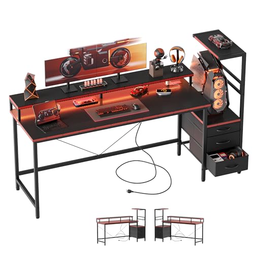 Image of Mericonia 60 inch Gaming Desk with Drawers, Reversible Computer Desk, Black