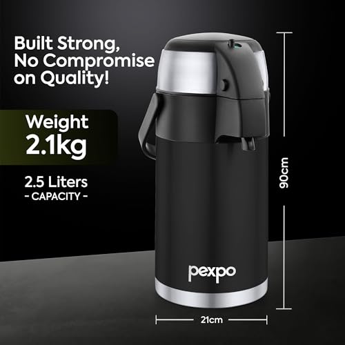 Image of Go24 pexpo AquaPort Stainless Steel Vacuum Insulated Beverage Dispenser with Pump - 2.5 LTR | Hot & Cold | Double Wall | Sturdy Handle to Carry | Coffee /Tea Carafe - Knight Black