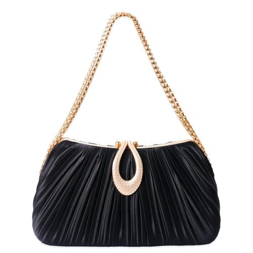 Bolsas de mão douradas para mulheres - elegantes bolsas de noite brilhantes para galas de casamento, noites de formatura, coquetéis e eventos formais, Preto, cetim