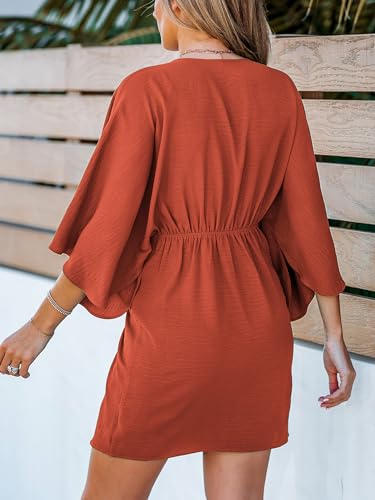 Image of CUPSHE Womens Vacation Mini Summer Dress V Neck Kimono Sleeve Belted Flowy Loose Resort Wear Casual Beach Cover Up Dress