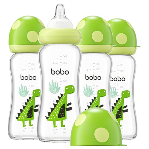 Image of YOHKOH Natural Glass Baby Bottle with Level 2 Medium Flow Nipple, Newborn Anti-Colic Baby Bottles, Wide Neck Mushroom Baby Glass Bottle (8.8ounce (Pack of 4), Green2)