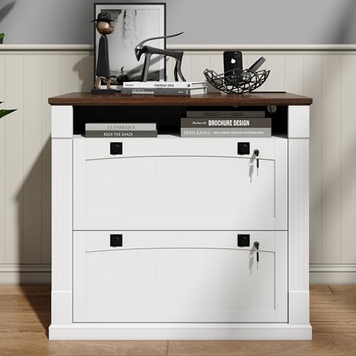 Loomie White 2 Drawer File Cabinet with Lock & Charging Station,37'' Farmhouse Lateral Filing Cabinet with Open Storage Shelves for Home Office,Wood Printer Stand for Files/Letter/Legal/A4/F4 Size
