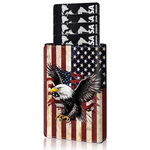 Slim Wallet for Men, Pop Up Card Holder RFID Blocking Metal Wallet Flag Eagle Design Holds Up to 9 Cards, Pop Up wallet for Notes and Coins and Debit Cards