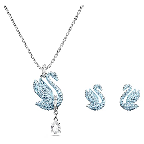 Swarovski Swan Earring and Necklace Set, Rhodium Finished Swan Motif with Blue Pavé and Clear Stones, Part of the Swan Collection