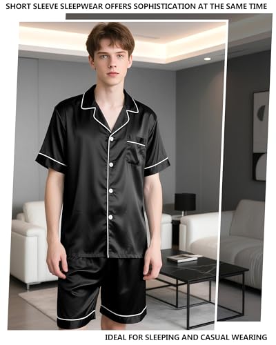 Couples Silk Pajama Sets Short Sleeve Top and Shorts Pjs 2 Pieces Button Down Sleepwear Set M-XL4
