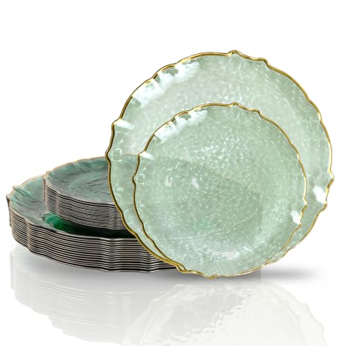 bUCLA 40PCS Sage Green Plastic Plates Disposable - Fancy Clear Hammered with Gold Lace-Edge - Include 20 Each (10inch Dinner & 7inch Dessert) Plates for Party Birthday & Daily Use