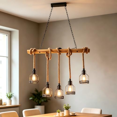 Lustre Rétro en Corde de Chanvre, Suspension Industrielle E27, 5 Têtes