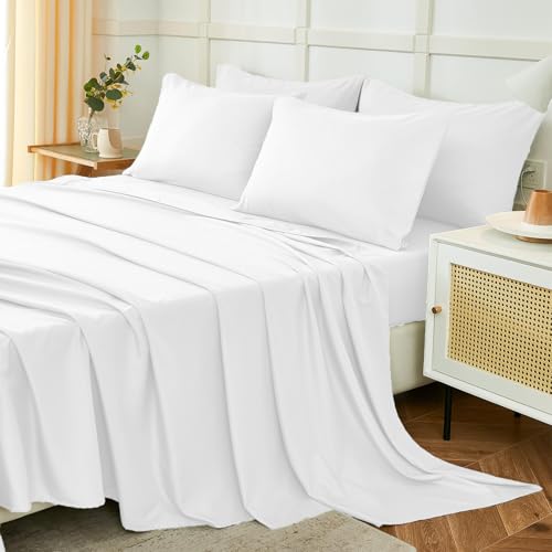 Juego de Sábanas 120x190/200cm 3 Piezas, Poliéster Cepillada,Sábanas Bajera Ajustable, Sabana Encimera Cama y 1 Funda de Almohada 50x80 (Sabanas Cama 120, Blanco)
