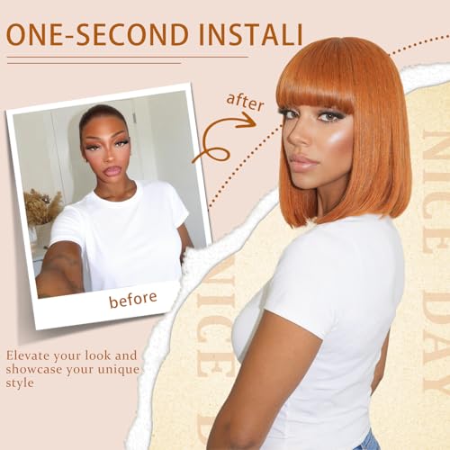 Image of Farblick Ginger Bob Wig Human Hair With Bangs Wear and go Glueless Wig Human Hair 12inch Straight Wig 180% Density Ginger wig with bangs for Women