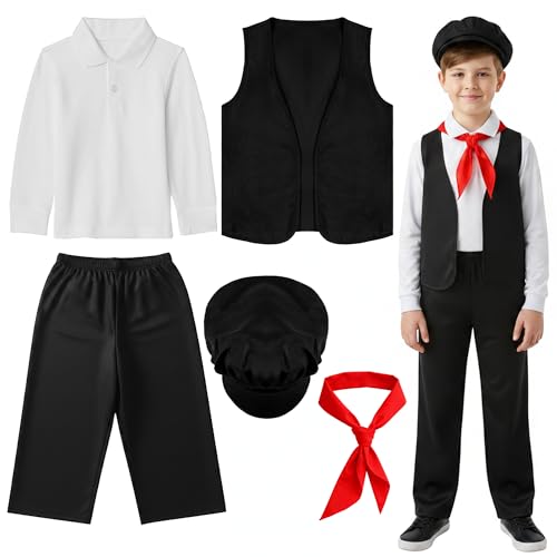 Victorian Boy Costume Set for Kids - 5Pcs Victorian Era Fancy Dress Outfit with Vest Shirt Pants Cap Tie Historical Pauper Street Urchin World Book Day Cosplay Party (L)