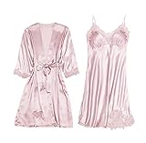 OADOBKICE Pyjama Set Satin Pyjama Damen Sexy Kleid Satin Nachthemd Pyjama Sets Sexy Nachthemd Weicher Schlafanzug Seide Morgenmantel Oversize Nachtwäsche Damen Schwarzer 929Lederpuder Zwei L