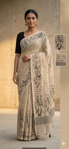Image of Lilan Cotton Saree with White Daisy Floral Prints Tassel Pallu Lightweight Summer Saree