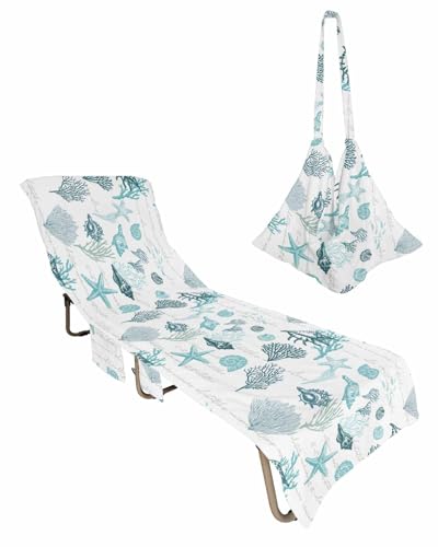 Turquoise Coastal Beach Lounge Chair Towel Cover, Soft Chaise Lounge Towel with Side Pockets Patio Pool Chairs Cover for Beach/Pool Sunbathing 29x85 Nautical Coral Starfish Conch Seaweed