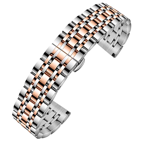 [SEURE時仕] 時計ベルト 12mm 14mm-24mm ステンレス鋼 防水 防汗 Dバックル 両開き/観音開き尾錠 錆び難い ウォッチバンド 金属腕時計ベルト 交換工具付き ボックス付き 男女兼用（シルバー/ローズゴールデン-7/ニュー スタイル/18mm）