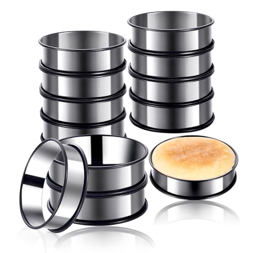 KUAYB 12Packs Crumpet Rings Nonstick 4 Inch English Muffin Ring Stainless Steel Double Rolled Tart Rings Metal Pastry Cooking Baking Ring Molds
