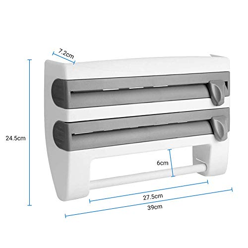 Dispensador de rollos de cocina 3 en 1, papel de aluminio montado en la pared y soporte de película adhesiva, con cortador
