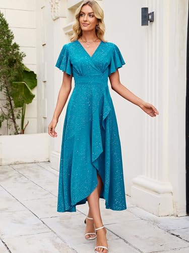 Image of Long Black Formal Dresses for Women Gowns Evening Party Cocktail Dress,Split Elegant V Neck Wrap Ruffle Wedding Guest Dresses