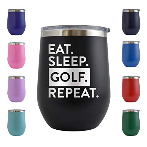 Eat Sleep Golf Repeat - Engraved 12 oz Stemless Wine Tumbler Cup Glass Etched - Funny Birthday Gift Ideas for him, her, mom, dad, husband, wife...