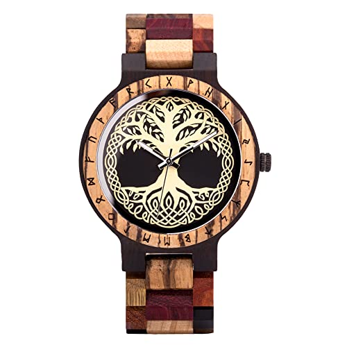 Montre analogique à quartz en bois Viking : style rétro et mythologie nordique