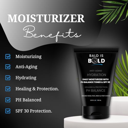 Image of BALD IS BOLD Daily Moisturizer with pH Toner & SPF 30 For Bald & Bold Head | Shaved Head & Bald Head Care| Healing & Protective, Hydrating, Non-Greasy, Lightweight Face & Scalp Cream | Reduces Wrinkles, Fine Lines, Dryness, Razor Bumps | Soothing Post-Shave Care for Bald Head | Anti-Aging & Sun Protection | Infused With Hyaluronic Acid, niacinamide, salicylic acid, Vitamin B5, Vitamin B3, Vitamin E, SPF 30, Witch Hazel,Goji Berry Extracts, Honey Extract, Apple Cider Vinegar, Sea Buckthorn, Shea & Cocoa Butter.100ml