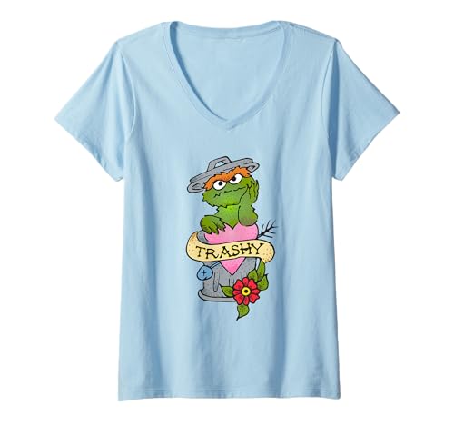 T-shirt Sesame Street femme Oscar le Grouch col V avec imprimé tatouage vintage
