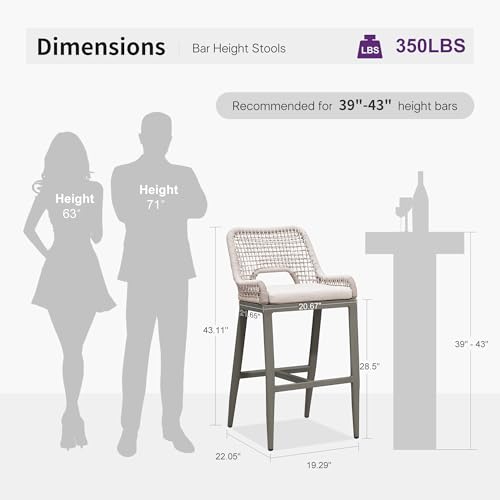 Image of PURPLE LEAF Bar Stool 1 Piece Bar Height Metal Chair with Back Modern Tall Comfy Wicker Woven Boho Garden Pool Patio Outdoor Barstool, Light Grey